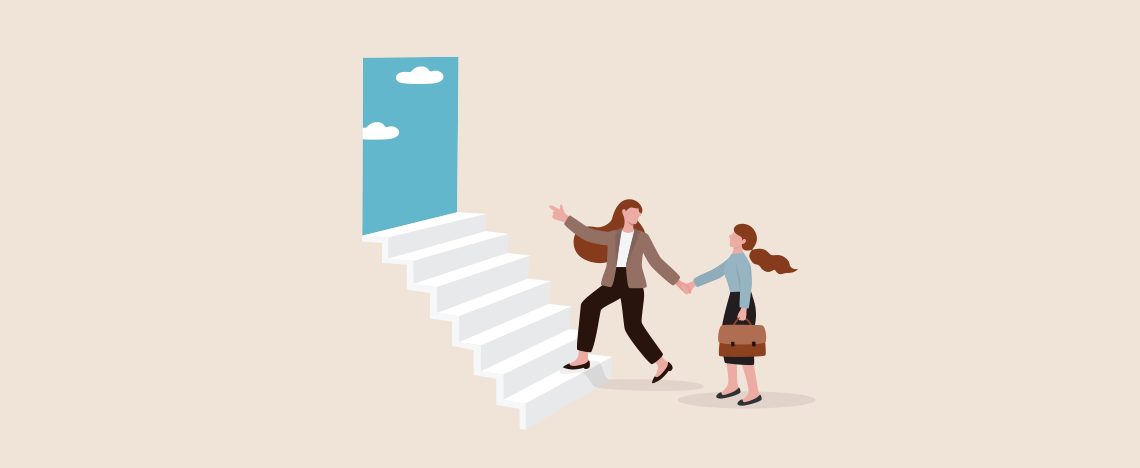 A graphic of a woman leading another woman toward an exit, illustrating the need to exit from a unproductive partnership with an inbound marketing agency